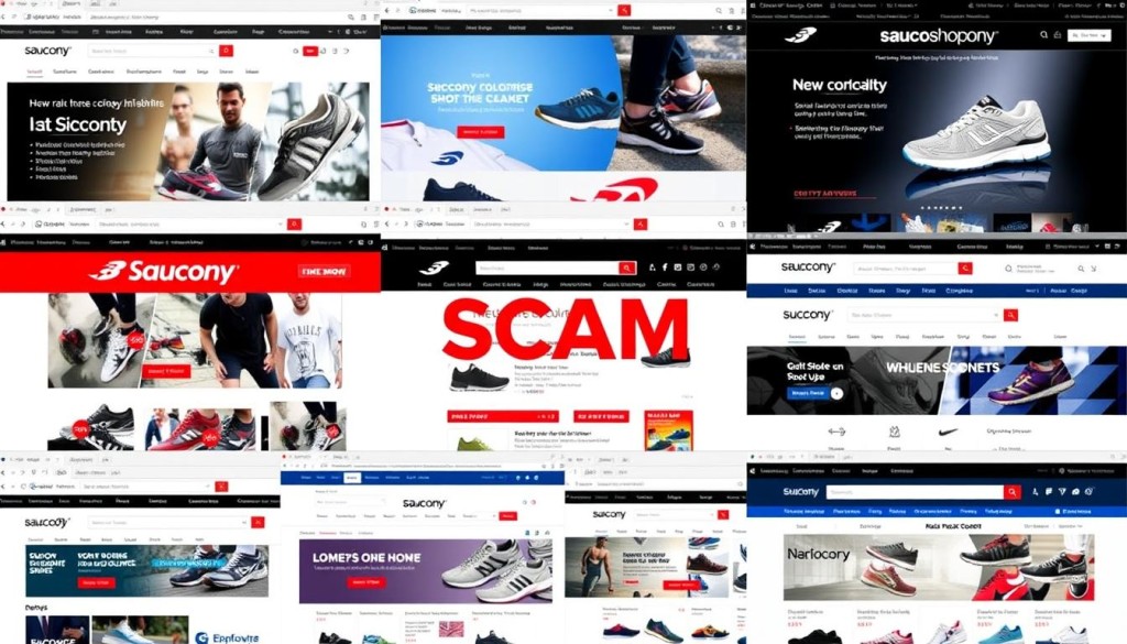 Collection of screenshots from various scam shopping websites showing similar patterns to Sauconyshopuk.com