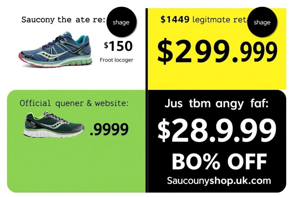 Comparison of pricing between Sauconyshopuk.com and legitimate retailers showing suspiciously large discounts