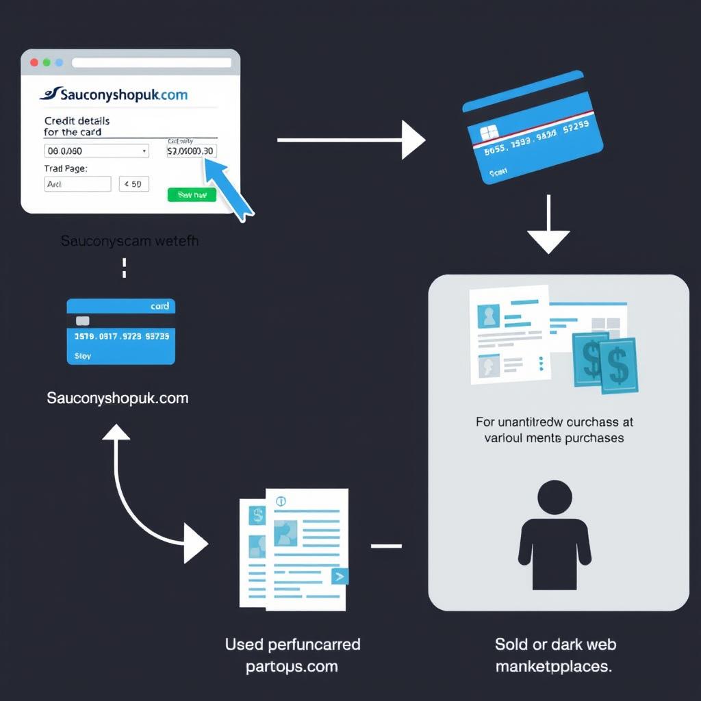 Diagram showing how credit card details stolen from scam websites are used for unauthorized purchases