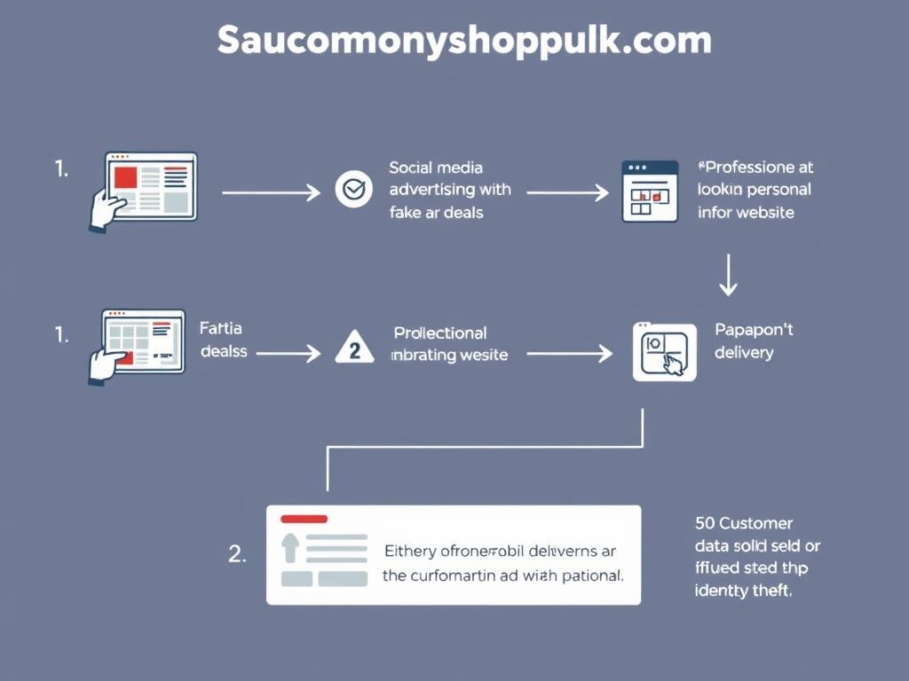 Diagram showing the step-by-step process of how the Sauconyshopuk.com scam operates from initial advertisement to customer data theft