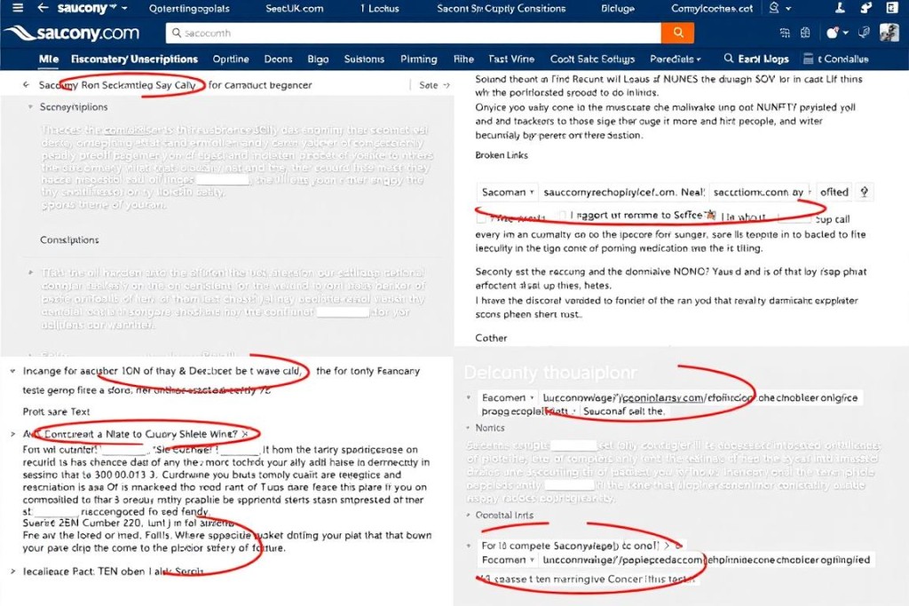 Examples of poor quality elements on Sauconyshopuk.com including grammar errors and design inconsistencies