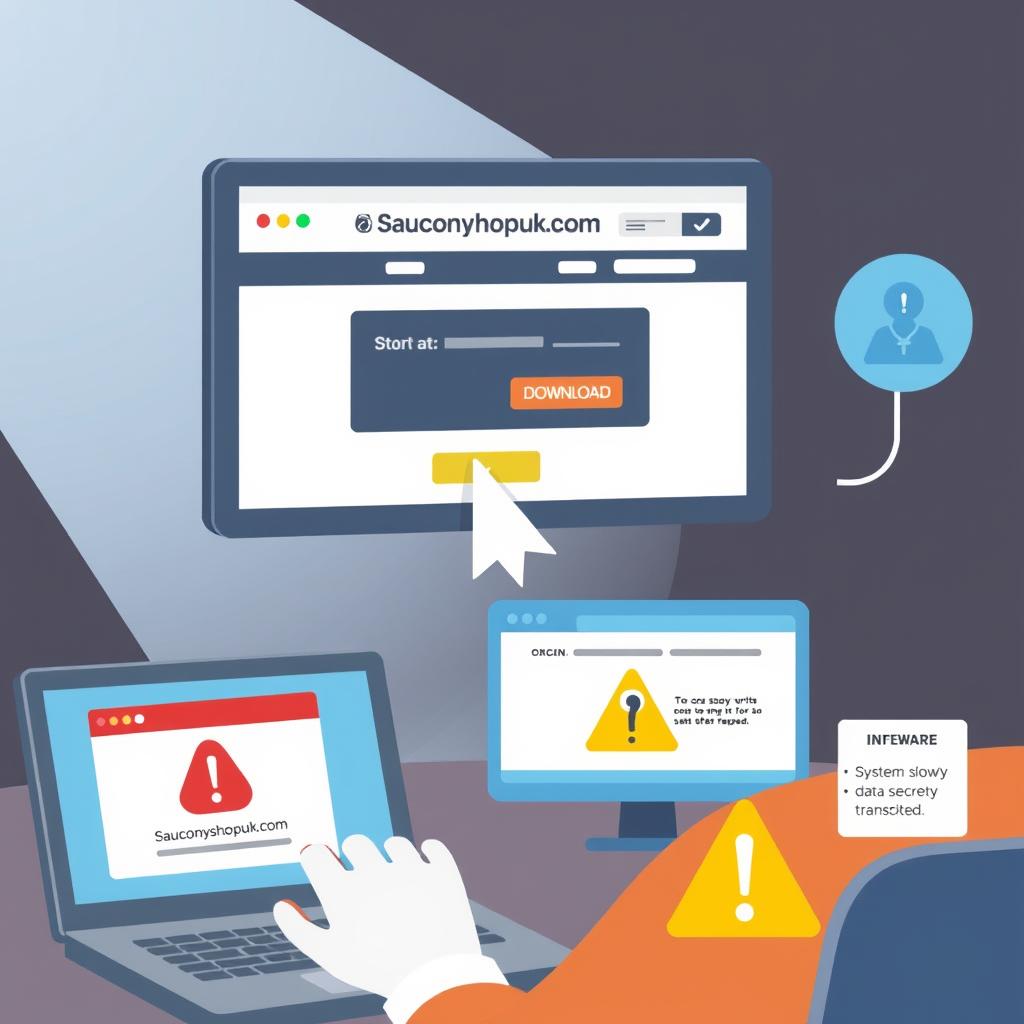 Illustration of malware being distributed through downloads or links on fraudulent shopping websites