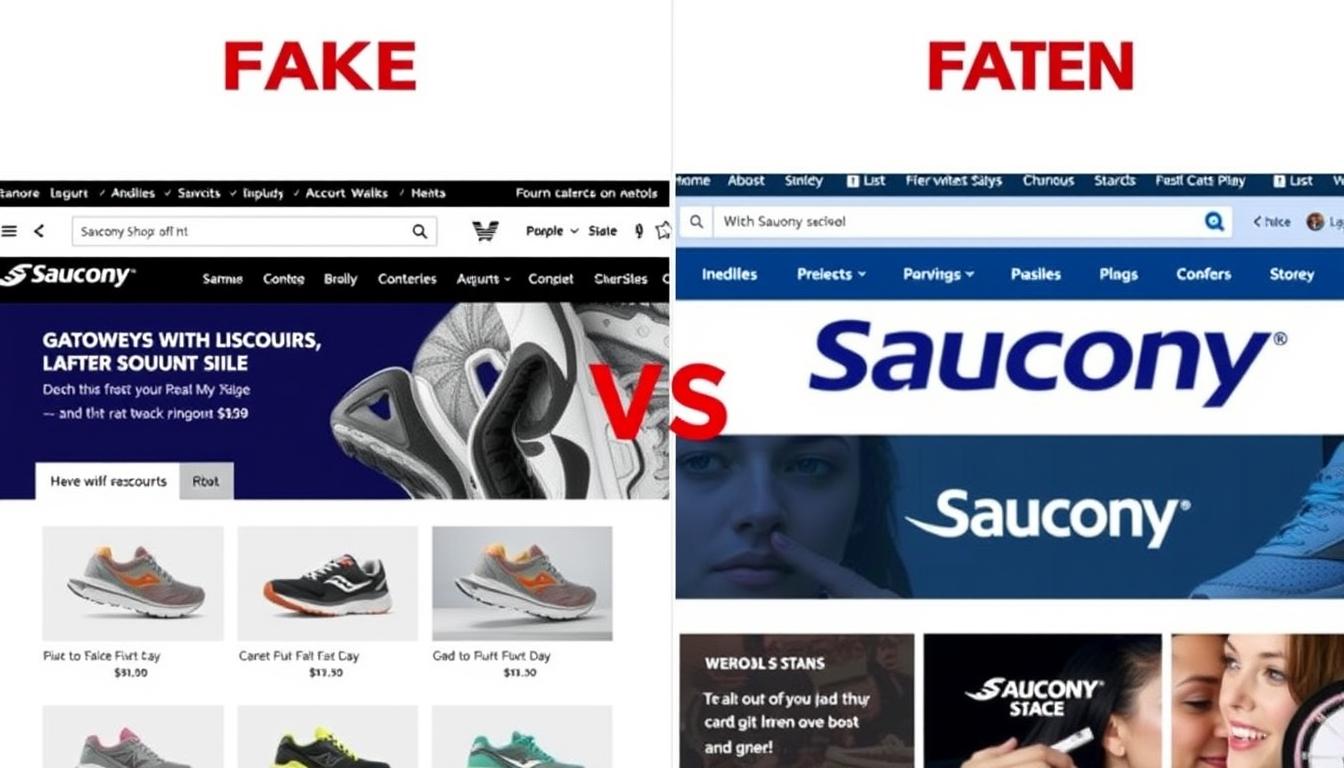 Screenshot comparison of the fake Sauconyshopuk.com website versus the legitimate Saucony website showing clear differences in design and branding