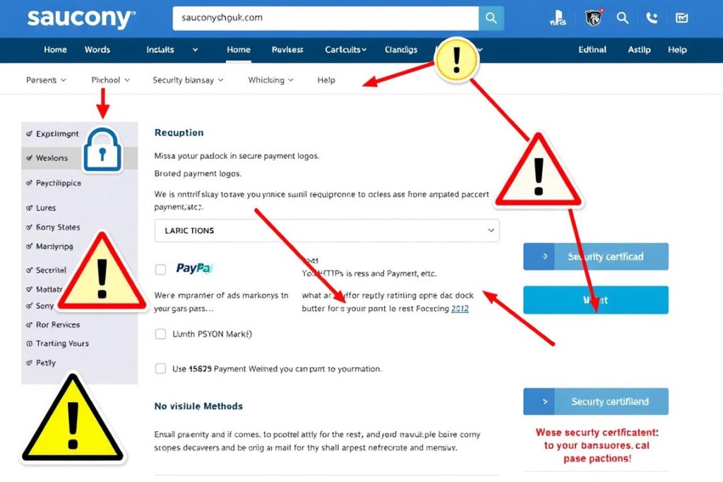 Screenshot of Sauconyshopuk.com's checkout page showing lack of security features and suspicious payment options