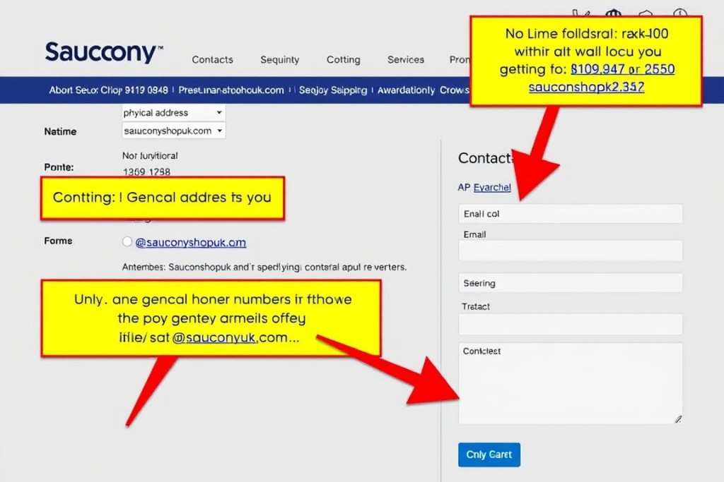 Screenshot of Sauconyshopuk.com's contact page showing missing or fake contact details
