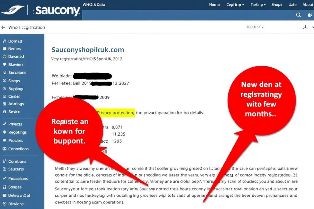 Screenshot of WHOIS domain registration information for Sauconyshopuk.com showing recent registration and hidden owner details