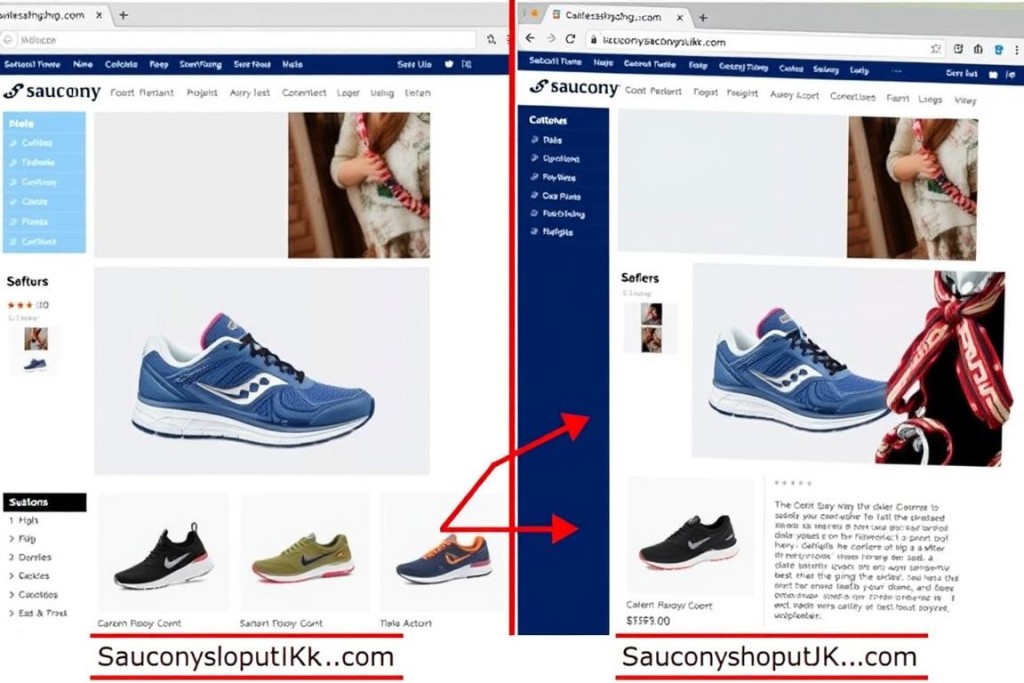 Side-by-side comparison showing product images and descriptions stolen from the official Saucony website