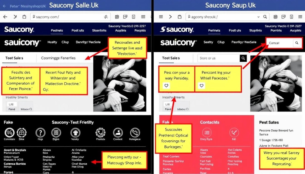 Visual comparison of the legitimate Saucony website navigation and features versus the scam site